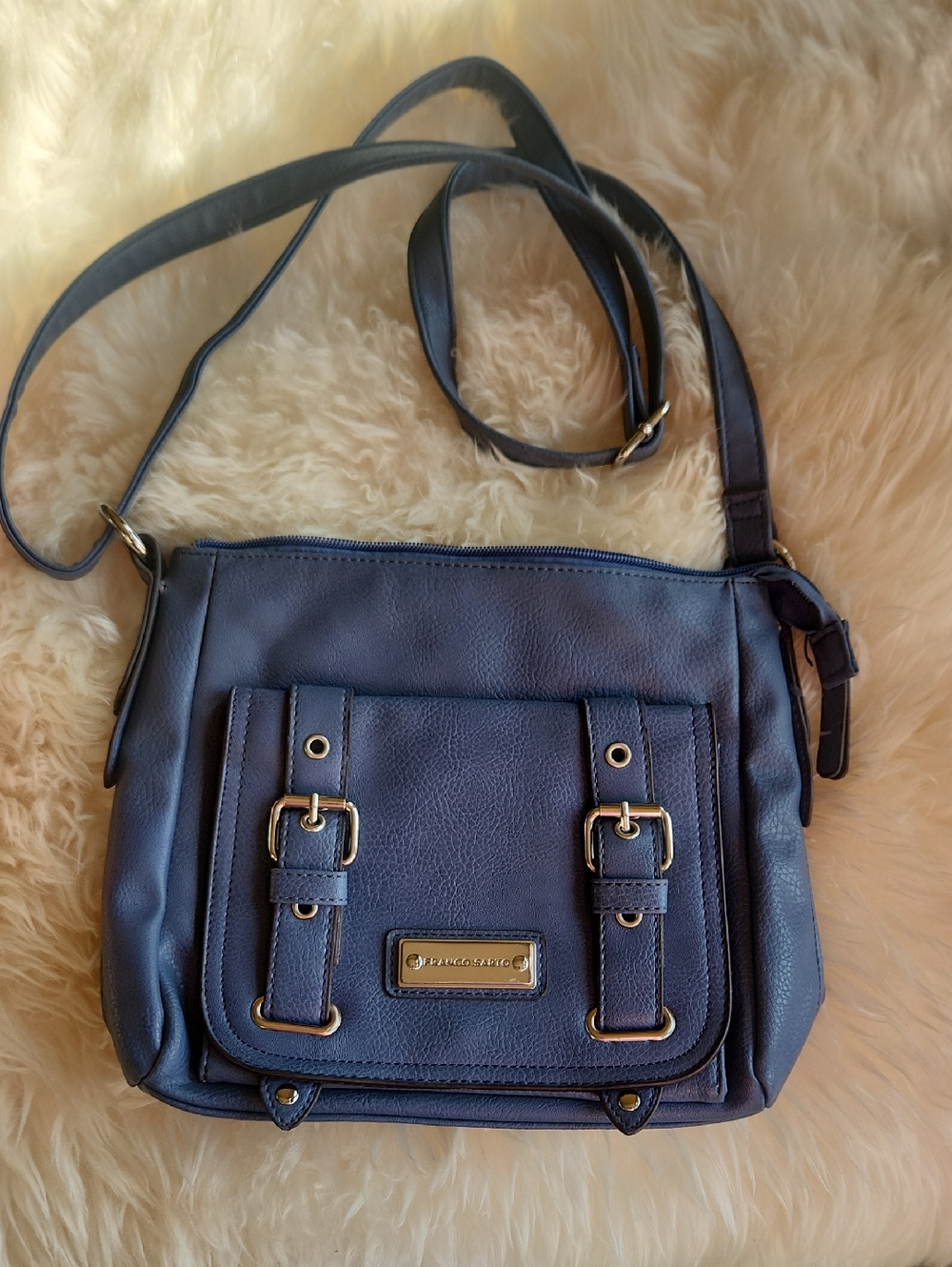 Franco Sarto Steel Blue Crossbody Bag with Buckle-Front Pocket